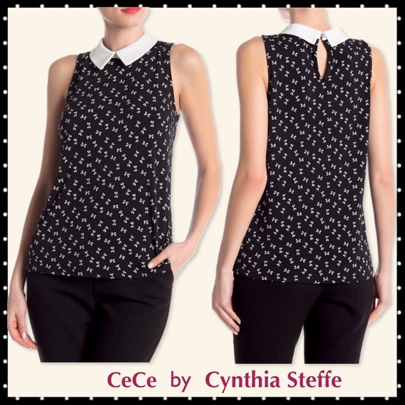 🆕 CYNTHIA STEFFE Black PeterPan Ditsy Bows Collar Top NWT - Picture 1 of 5